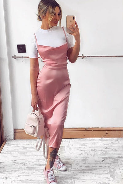 Light Pink Satin Cowl Neck Midi Dress ...